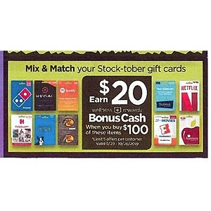 Rite Aid B&M 9/29-10/5 Get $20 Bonus Cash wyb $100 select Gift cards inc: Netflix, Dominos, Applebees, Fandango and more LIMIT 5 per card!