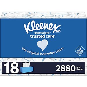 Kleenex Trusted Care Facial Tissues - 18 Flat Boxes of 160 Tissues - as low as $21.18 w/ Amazon S&S