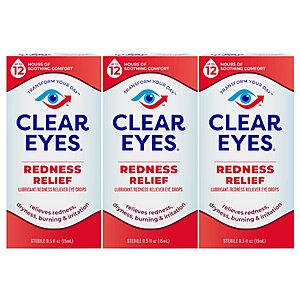 3-Pack 0.5-Fluid Ounce Clear Eyes Redness Eye Relief Eye Drops $6 ($2 each) + Free Shipping w/ Prime or on orders $35+
