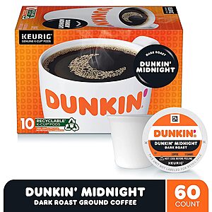 Dunkin' Midnight Dark Roast Coffee, 60 Keurig K-Cup Pods via Amazon 15% S&S - $17.75, $21.89 AC w/5%S&S