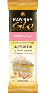 12-Pack 1.6-Oz Raw Rev Glo Vegan High Protein Bars (Birthday Cake) $14.85 + Free S&H w/ Prime or $25+