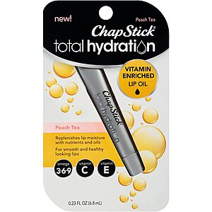 ChapStick Total Hydration Vitamin C and E Enriched Lip Oil (Peach Tea Flavor, Non-Tinted) $2.30 w/ S&S + Free Shipping w/ Prime or $25+