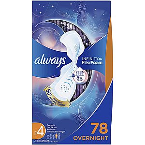 78-Ct Always Infinity Feminine Pads w/ Wings (Size 4, Overnight) $6.75 w/ Subscribe & Save