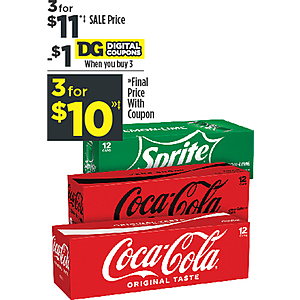 Dollar General in store, 12 packs Coca Cola or Sprite, 3 for $10 with digital coupon