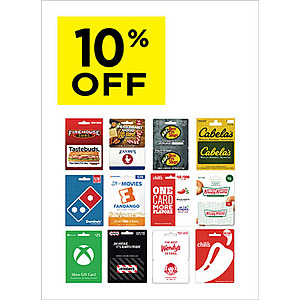 Dollar General in store, 10% off select gift cards, XBOX, Domino's Pizza, Wendy's, Fandango + more