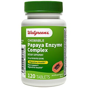 YMMV 120 tablets Chewable Papaya Enzyme Complex 40mg Papain, $.99, Walgreens