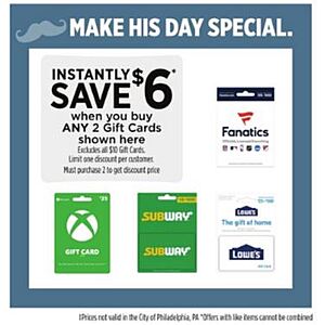 Dollar General instantly save $6 when you purchase 2 select gift cards (Lowe's, XBOX, Subway, Fanatics)