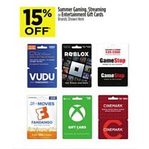 Dollar General in store, 15% off select gift cards, Gamestop, VUDU, Roblox, Fandango, XBOX, Cinemark