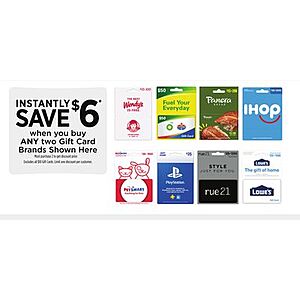 Dollar General in store, save $6 when you purchase two gift cards from select brands - BP/Amoco, Lowe's, Wendy's, Panera Bread, IHOP, Pet Smart, Playstation, Rue 21