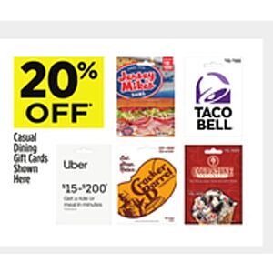 Dollar General in store, Nov 19-25th, 20% off select gift cards, Uber, Taco Bell, Jersey Mike's, Coldstone Creamery, Cracker Barrel, YMMV