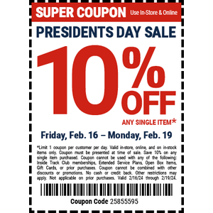 Harbor Freight, 10% off any item, 15% off for ITC members, Feb 16-19