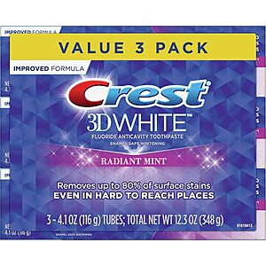 3-Pack 3.8-Oz Crest 3D White Toothpaste (Radiant Mint) $8.48 w/ S&S + Free Shipping w/ Prime or on orders over $25