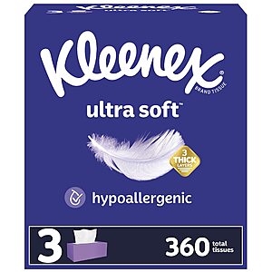 3-Pack 120-Count Kleenex 3-Layer Facial Tissues (Soothing Lotion or Ultra Soft) $4.74 w/ S&S + Free Shipping w/ Prime or on orders over $35