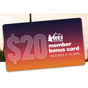 REI OUTLET offers $20 off $100, can stack with REI member's spend $100, get a $20 bonus card