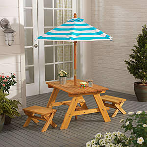 Walmart Offer - KidKraft Outdoor Wooden Table & Bench Set, Striped Umbrella, Turquoise and White for $66.33 + Free Shipping