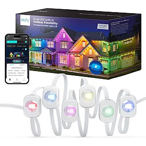 eufy Permanent Outdoor Light E120, Dual-LED RGB and Warm White Eave Light, 100ft, App Control, AI Light Design, IP67 Water Proof, Works with eufy Cameras $199.99 - Amazon
