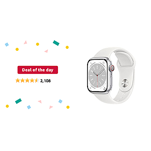 Amazon Deal of the day for Prime Members: Apple Watch Series 8 [GPS + Cellular 41mm] Smart Watch w/Silver Aluminum Case with White Sport Band  - $379.99