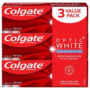 Amazon: 3-Pack Colgate Optic White Advanced Teeth Whitening Toothpaste with Fluoride, 2% Hydrogen Peroxide, Sparkling White - $7.01 AC with S&S, or $7.48 without