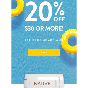 Native Deodorant 20% Off Order of $30 or More