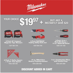 Home Depot - Milwaukee discounted tools plus Buy 4 items get $20 off