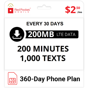 360-Day Red Pocket CDMA-S Prepaid Plan: 200 Talk, 1000 Text & 200MB Data/Month $27 + Free Shipping