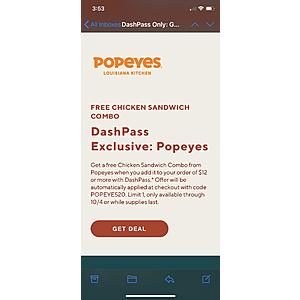 DoorDash DashPass Deal: Free chicken sandwich combo with $12+ purchase at Popeyes
