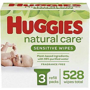 Huggies Natural Care Sensitive Baby Wipes, Unscented, 3 Refill Packs (528 Wipes Total)- with Prime and S&S and $3.90 coupon - $8.44