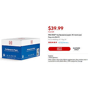 Staples in-store: Copy Paper, 8.5 * 11, 20 lb., 96 Brightness, 500 Sheets/Ream, 10 Reams for $40 (exp 8/26)