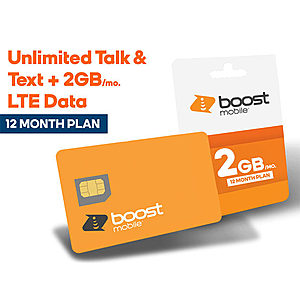12-Month Boost Mobile Prepaid Unlimited Talk/Text + 2GB LTE Data + SIM Card $85.50 + Free Shipping