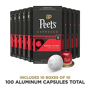 100 Count Peet's Coffee, Nespresso Original Capsules Crema Scura Intensity 9 $35.99 S&S After 35% coupon (YMMV)