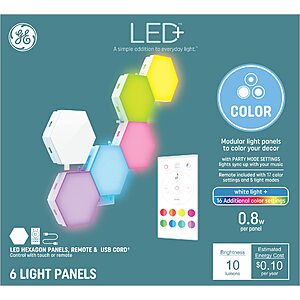 Limited-time deal: GE Lighting LED+ Color Changing Hexagon Tile Panels, 17 Color Settings & 5 Light Modes, No App or Wi-Fi Required (6 Pack) - $20