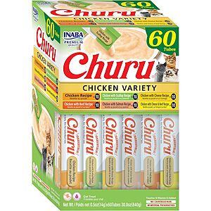 60-Count INABA Churu Grain-Free Lickable Squeezable Creamy Purée Cat Treats $18 or less w/ S&S + Free S/H