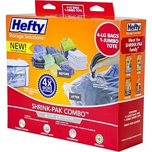 Hefty Shrink-Pak Vacuum Seal Bags, 4 Large Bags and 1 Jumbo Zipper Tote $8.94