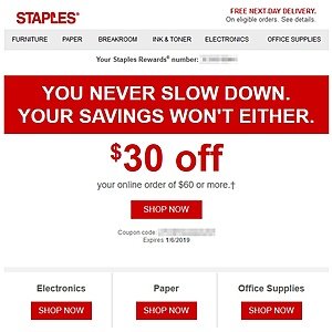 Staples - 30 off 60, Check Email: EXTREMELY YMMV
