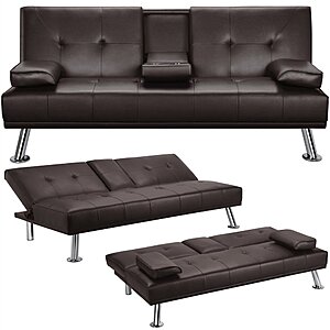 LuxuryGoods Modern Faux Leather Futon w/ Cupholders & Pillows (Espresso) $160 + Free Shipping