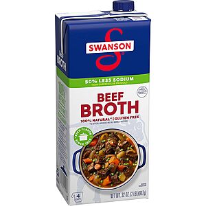32-Oz Swanson 50% Less Sodium Beef Broth $1.89 w/ S&S + Free Shipping w/ Prime or on orders over $35