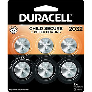 Duracell 2032 Lithium Coin Battery 3V Bitter Coating Child-Secure Packaging Long-Lasting Power Key Fobs,Remotes & More 6 Count~$3.53 After Coupon & S&S @ Amazon~Free Prime Shipping