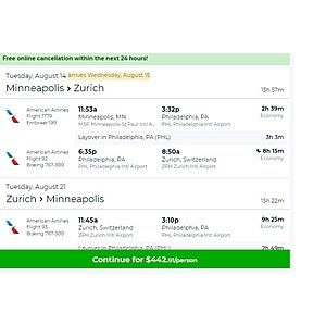 Minneapolis to Zurich Switzerland $443 RT Airfare on American Airlines (travel Aug-Oct)