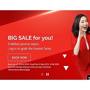 AirAsia - Promo Seats Sale for Flights WITHIN Asia - Book by Nov 18, 2018