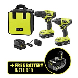 RYOBI ONE+ 18V Cordless 2-Tool Combo Kit with (2) Batteries, Charger, Bag and HIGH PERFORMANCE Lithium-Ion 4.0 Ah Battery P1817-PBP004 - $99