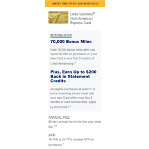 Delta Amex Gold 70000 miles 200 statement credit annual fee waived and more American Express cards