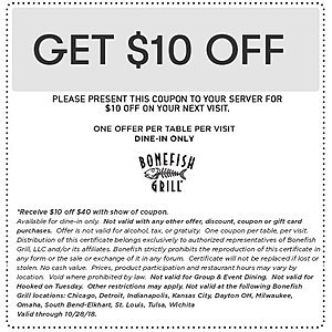 Bonefish Grill - $10 off $40 (Exp Oct 28)