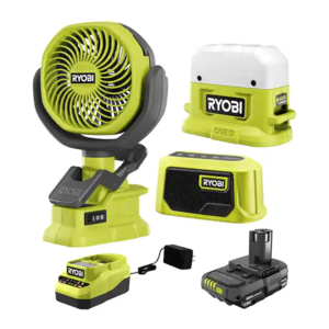 Ryobi One+ campers kit: Area Light, Bluetooth Speaker, 4 in. Clamp Fan, 1.5 Ah Battery, and Charger - $69