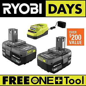 2-Pack Ryobi One+ 18V 4.0 Ah Battery/Charger Kit + Select Free Ryobi One+ Tool $99 & More + Free Shipping