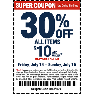Harbor Freight, 30% off items under $10, ITC members save 30% off items under $20, valid July 14 - 16 with coupon