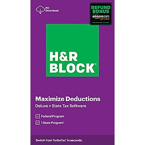 Amazon: H&R Block 2020 Tax Software w/ Refund Bonus Offer: Deluxe Federal + State $22.50 & More