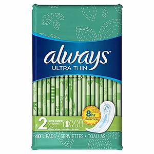 Always Ultra Thin Feminine Pads: 3-Pack 40-Ct Unscented (Size 2) $14.15 w/ S&S & More + Free S/H