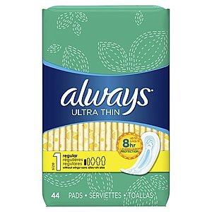 Always Ultra Thin Feminine Pads: 3-Pack 44-Ct Unscented (Size 1) $12.60 & More w/ S&S + Free S&H
