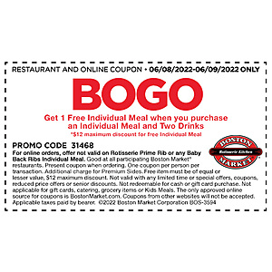 Boston Market Coupon BOGO 6/8/22 and 6/9/22 only!
