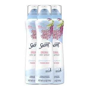 3-Pack 4.1-Oz Secret Women's Antiperspirant & Deodorant Dry Spray (Powder Fresh) $10.92 w/ S&S + Free Shipping w/ Prime or on $35+